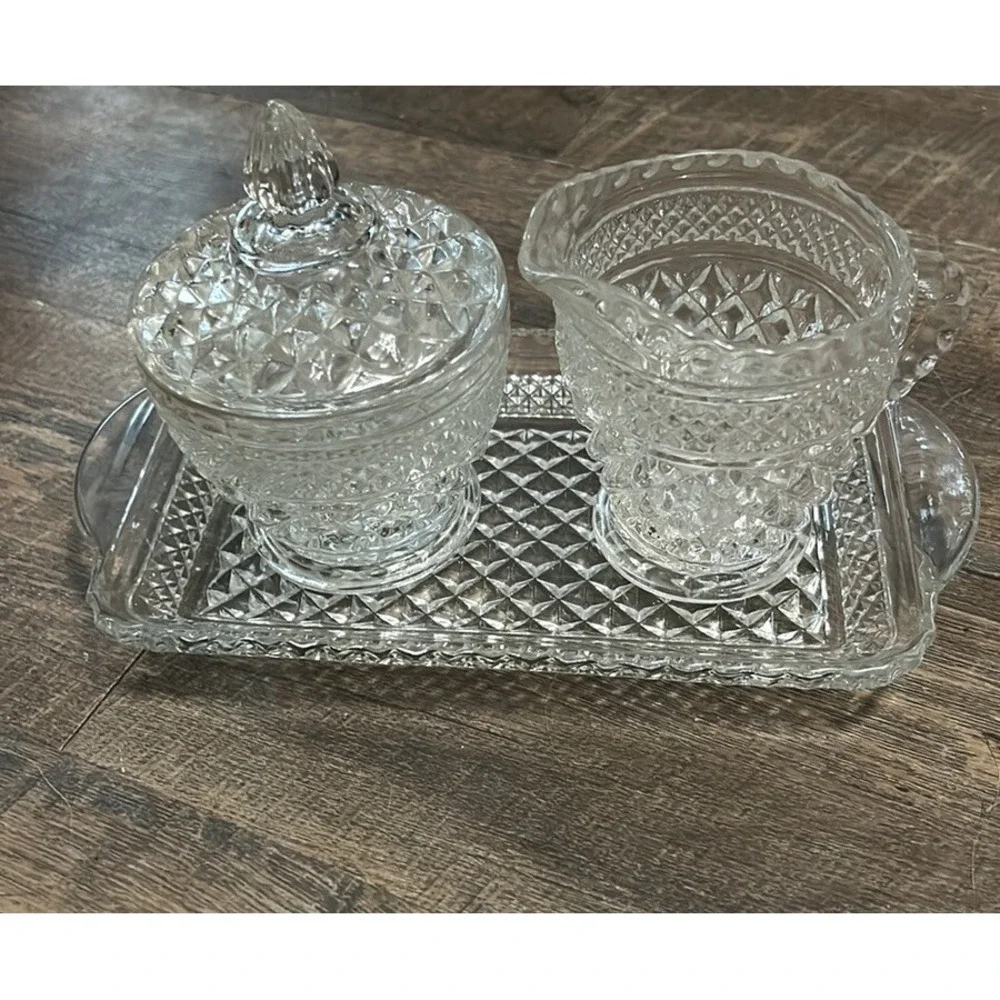 Vintage Anchor Hocking Wexford Clear Glass Creamer And Sugar Set, with Tray